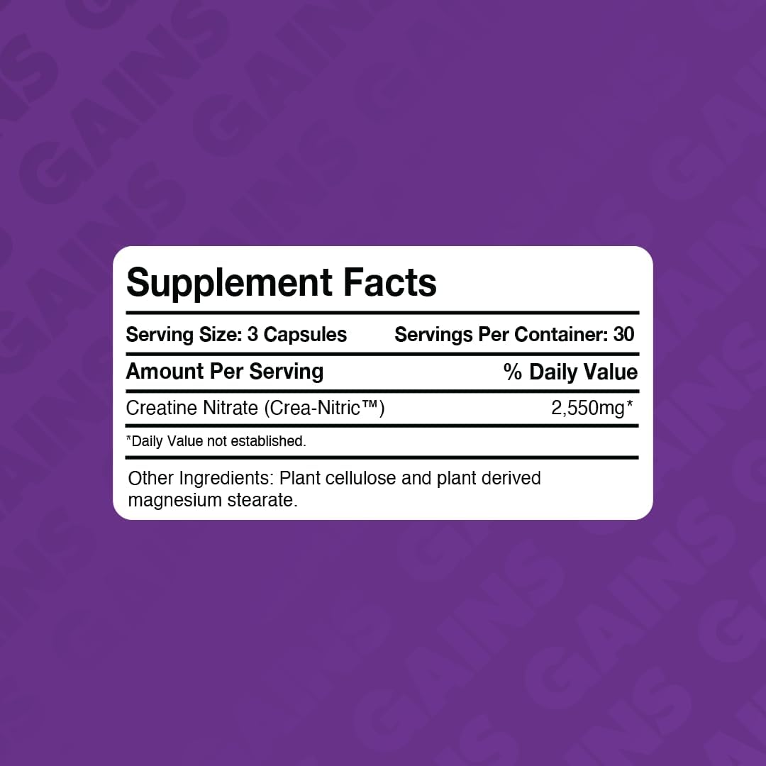 Gains in Bulk CREA-Nitric 100: Pure Creatine Nitrate Capsules for Muscle Support & Energy Boost (90 Count)