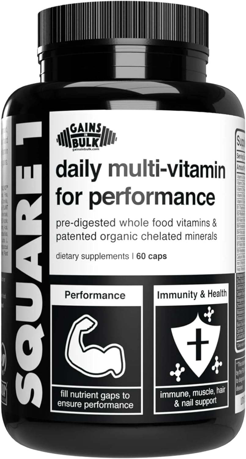 Gains in Bulk Square 1 Whole Food Daily Multi-Vitamin & Mineral Supplement - 60 Capsules for Optimal Performance