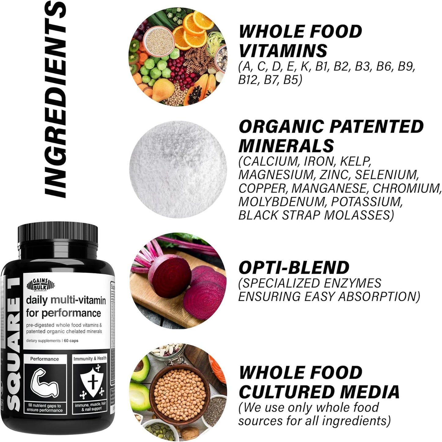 Gains in Bulk Square 1 Whole Food Daily Multi-Vitamin & Mineral Supplement - 60 Capsules for Optimal Performance