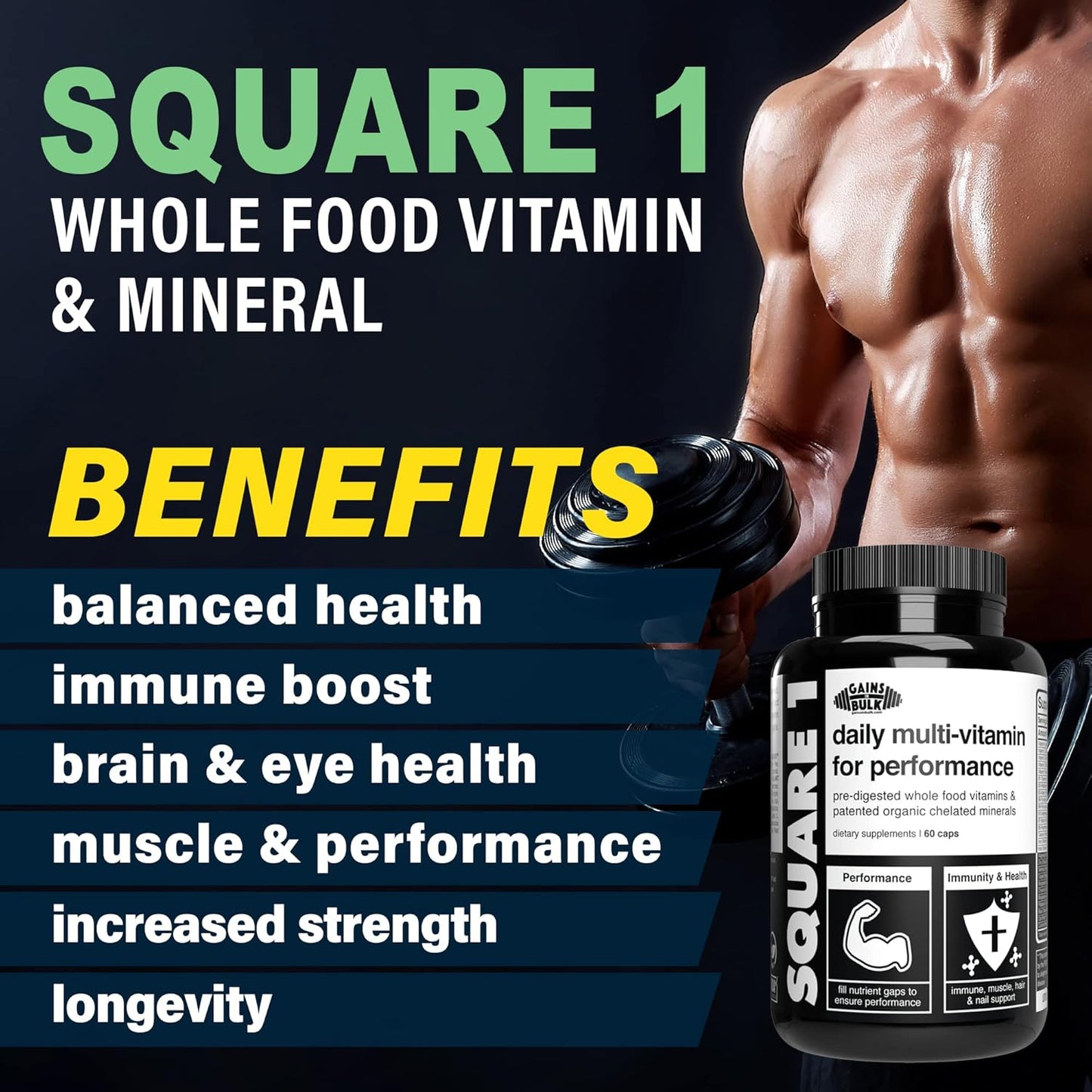 Gains in Bulk Square 1 Whole Food Daily Multi-Vitamin & Mineral Supplement - 60 Capsules for Optimal Performance