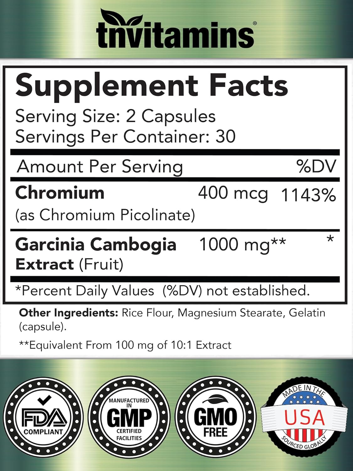 Garcinia Cambogia Extract Capsules (1000 MG x 60) with Chromium for Weight Loss | Appetite Suppressant for Women & Men | Dietary Supplement by tnvitamins