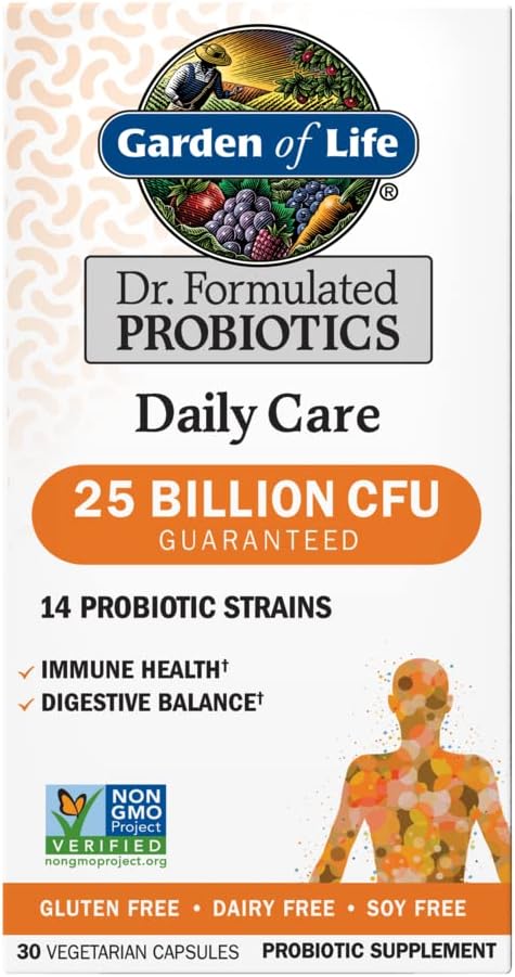 Garden of Life Dr. Formulated Probiotics Daily Care - 30 Capsules, 25 Billion CFU, 14 Strains for Immune Health & Digestive Balance, Gluten & Soy Free