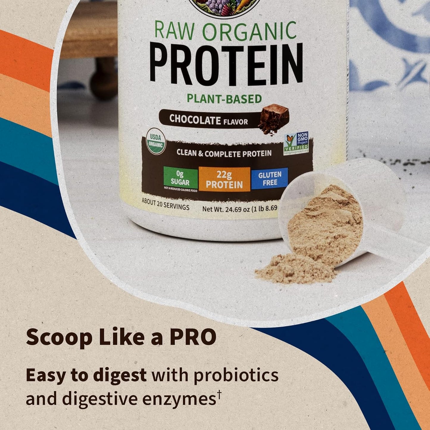 Garden of Life Organic Vegan Chocolate Protein Powder - 22g Plant Based Raw Protein with Probiotics & Digestive Enzymes - Non-GMO, Gluten-Free, Lactose Free - 1.5 LB