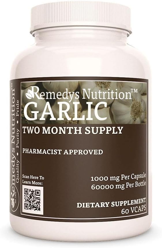 Garlic 1,000mg Vegan Capsules - Herbal Dietary Supplement, 60 Count - Non-GMO, Gluten-Free, Additive Free - Two Month Supply