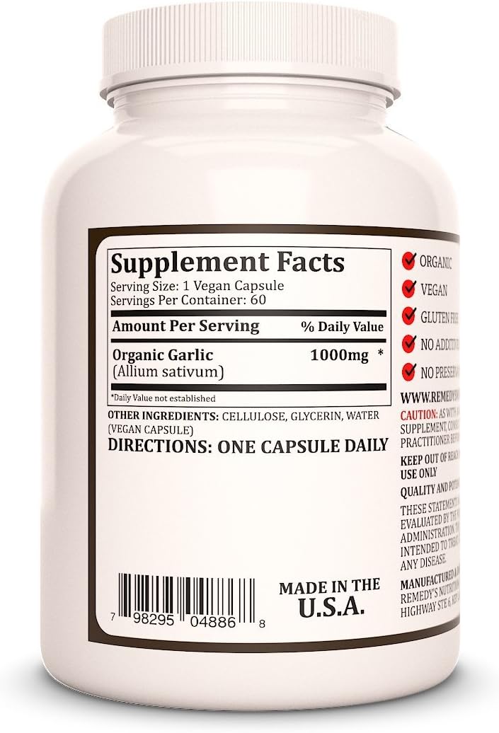 Garlic 1,000mg Vegan Capsules - Herbal Dietary Supplement, 60 Count - Non-GMO, Gluten-Free, Additive Free - Two Month Supply