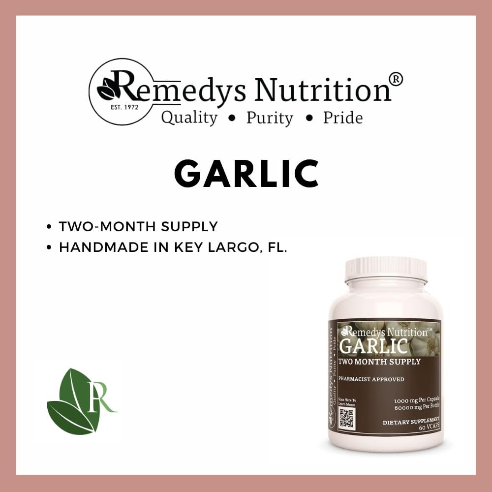 Garlic 1,000mg Vegan Capsules - Herbal Dietary Supplement, 60 Count - Non-GMO, Gluten-Free, Additive Free - Two Month Supply