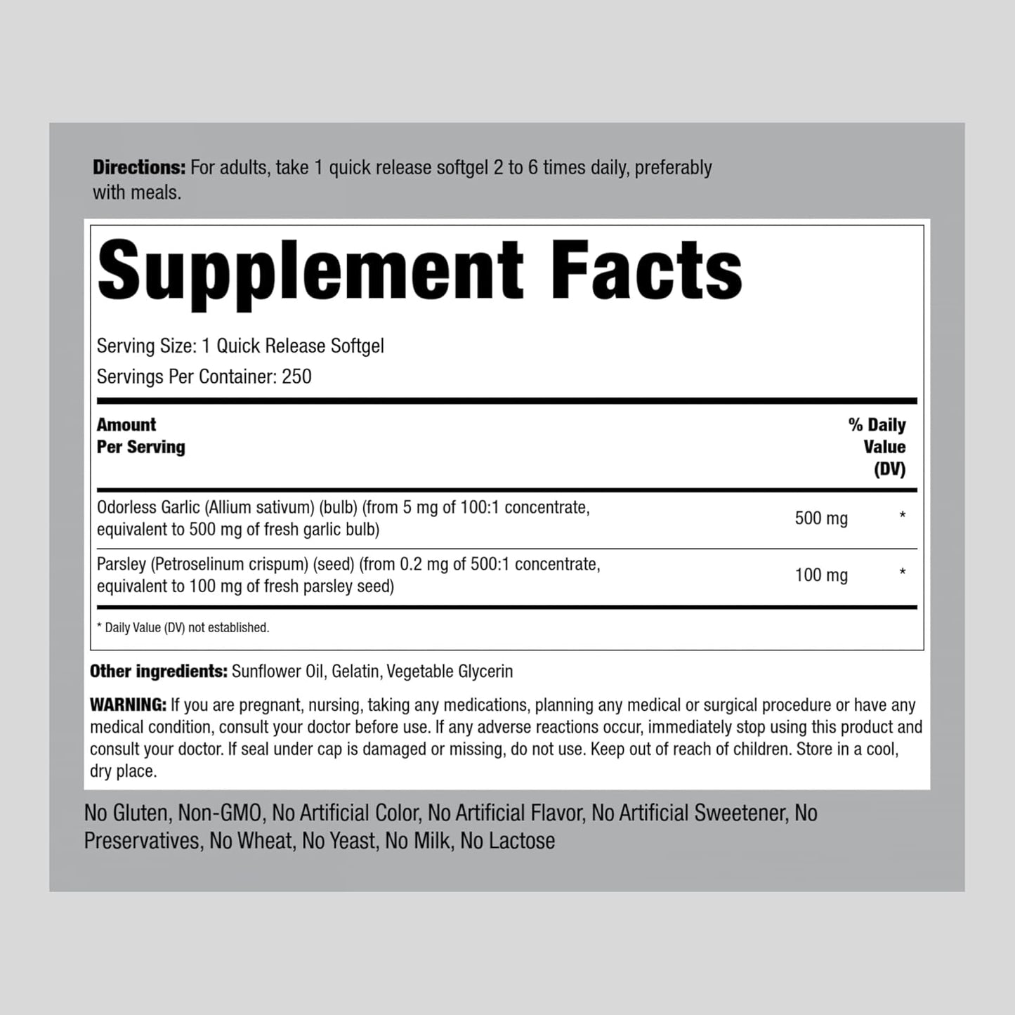 Garlic and Parsley Softgel Capsules | 500mg | 250 Count | Concentrated Herbal Extract | Non-GMO, Gluten Free Supplement