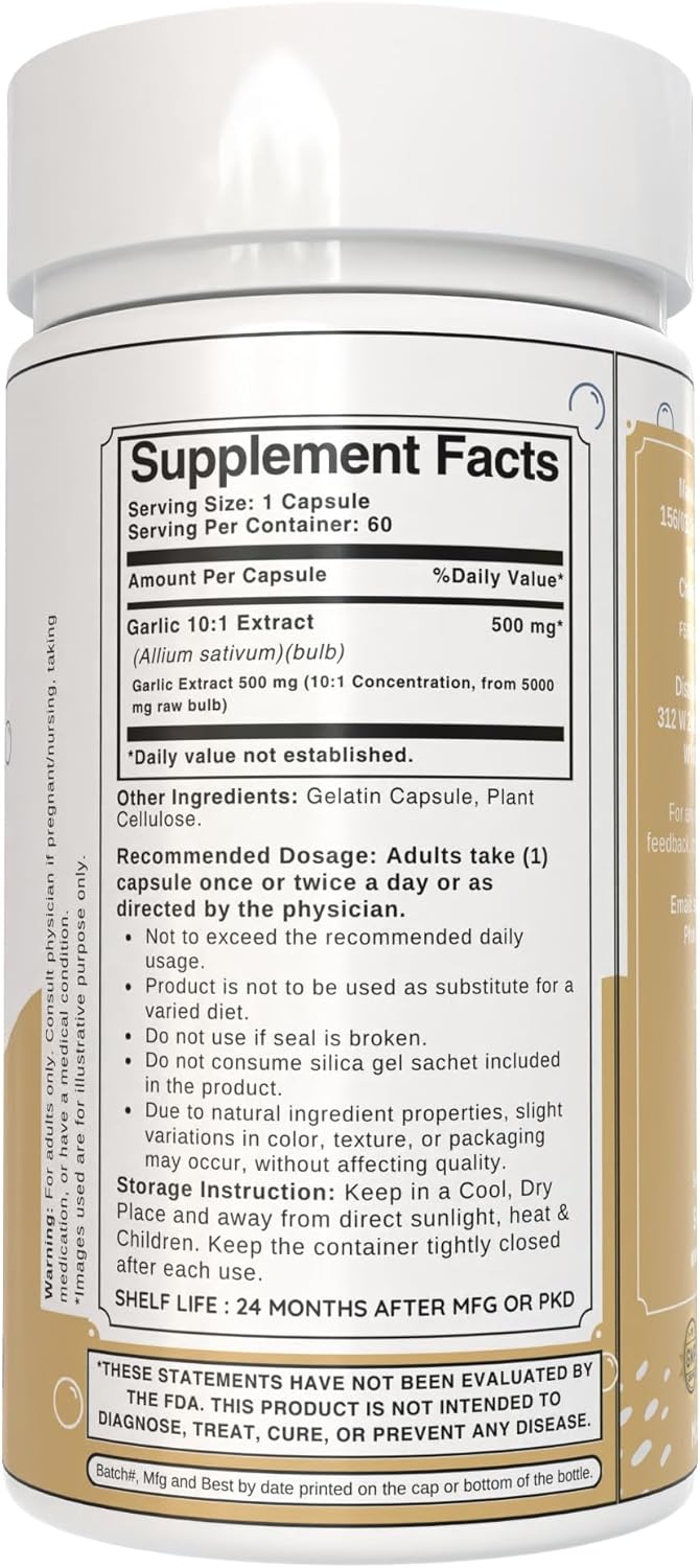 Garlic Capsules 500mg | 10:1 Concentration Extract Powder | Allium sativum Supplement | Non-GMO, Gluten-Free (60 Count)