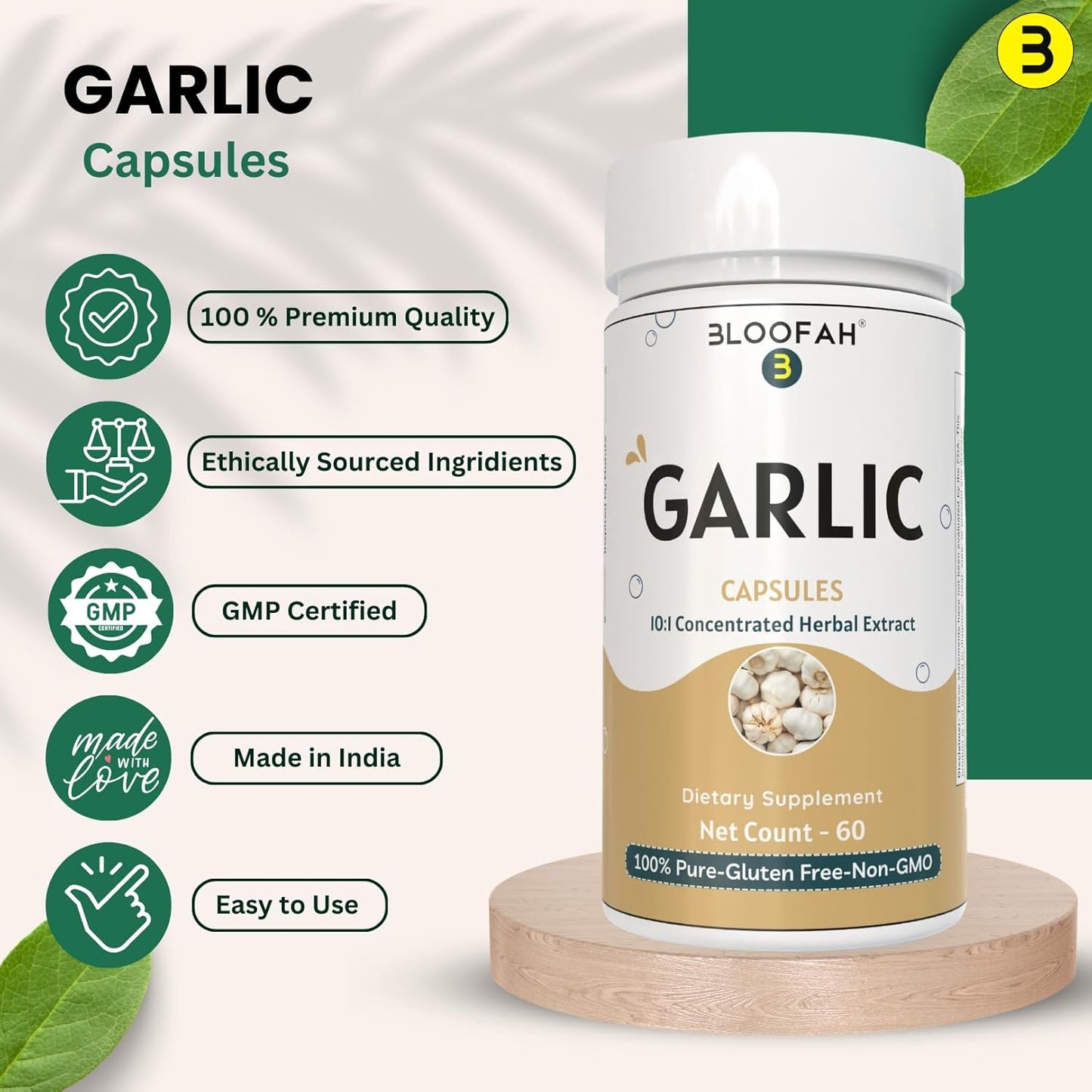 Garlic Capsules 500mg | 10:1 Concentration Extract Powder | Allium sativum Supplement | Non-GMO, Gluten-Free (60 Count)
