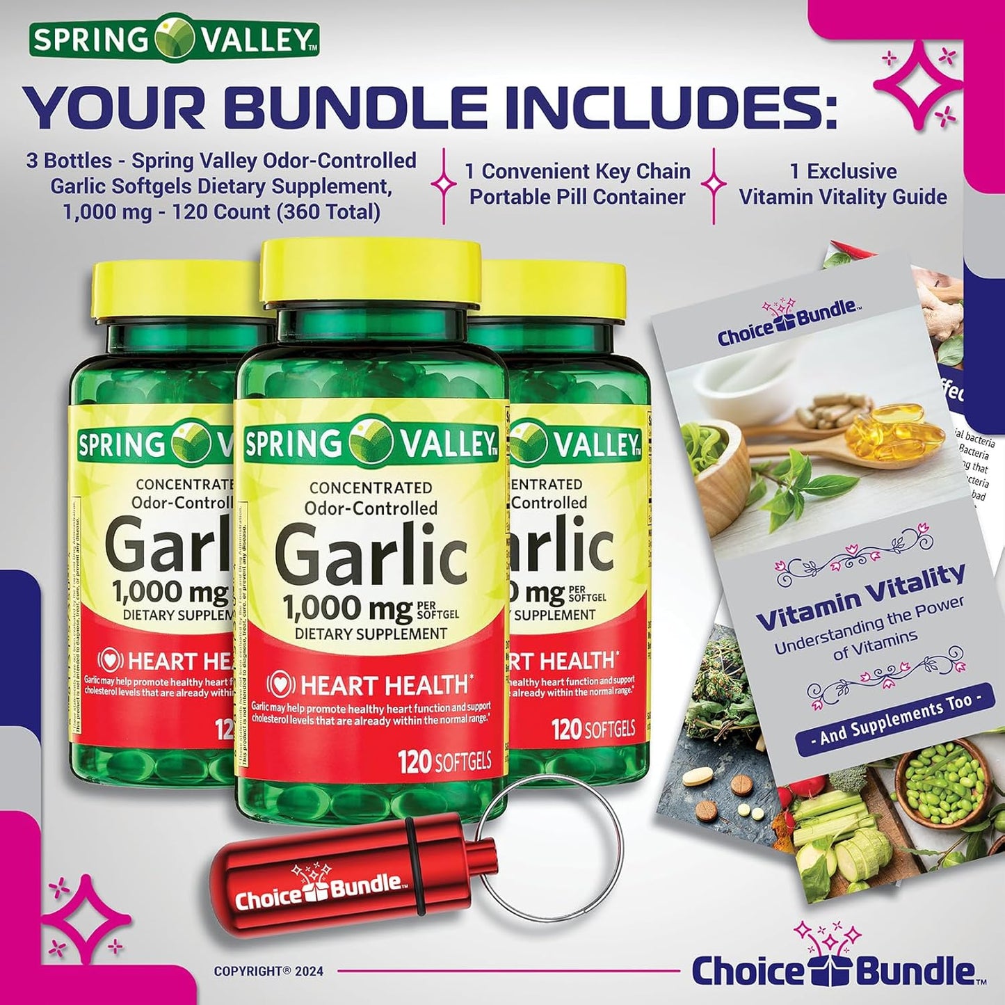 Garlic Softgels Bundle: 360 Count with Odor Control, Vitamin Guide, and Pill Container - 3 Pack of 1,000mg Dietary Supplements