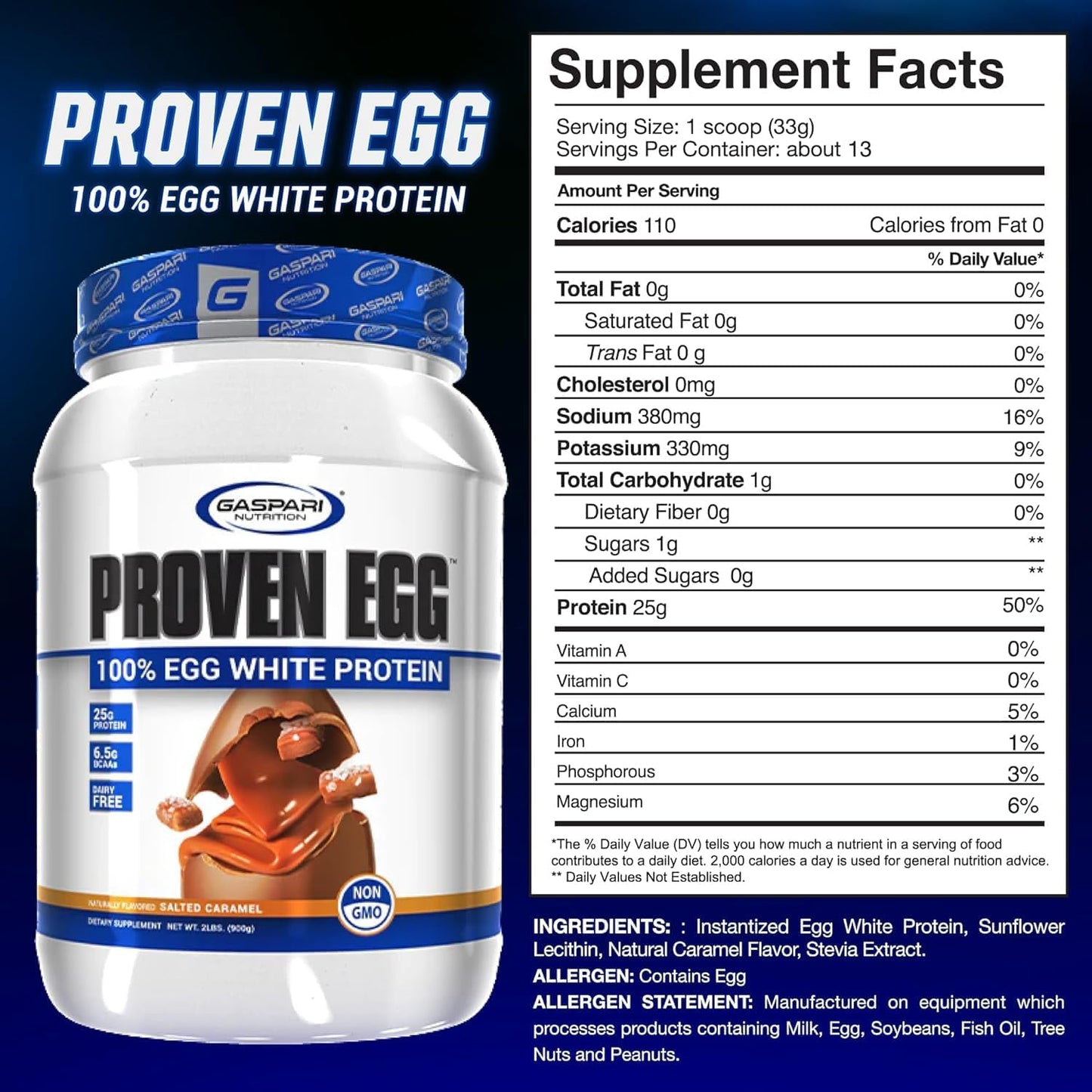 Gaspari Nutrition Proven Egg White Protein Powder - 25g Protein, Keto, Dairy, Lactose, Soy Free - Salted Caramel Flavor - 1lb