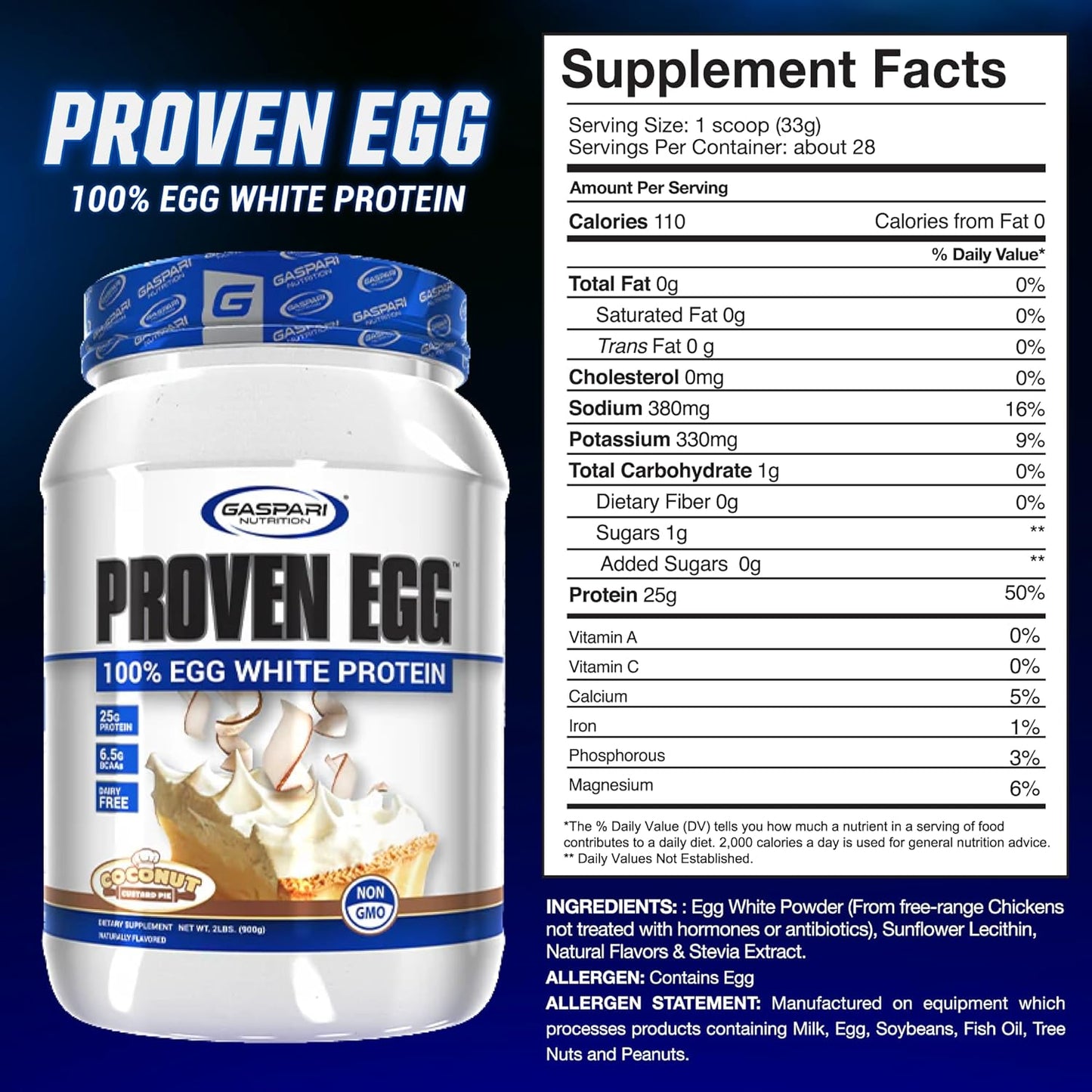 Gaspari Nutrition Proven Egg White Protein Powder, 25g Protein, Keto Friendly, Dairy Free, Lactose Free, Soy Free - Coconut Custard Pie Flavor - 2 lbs