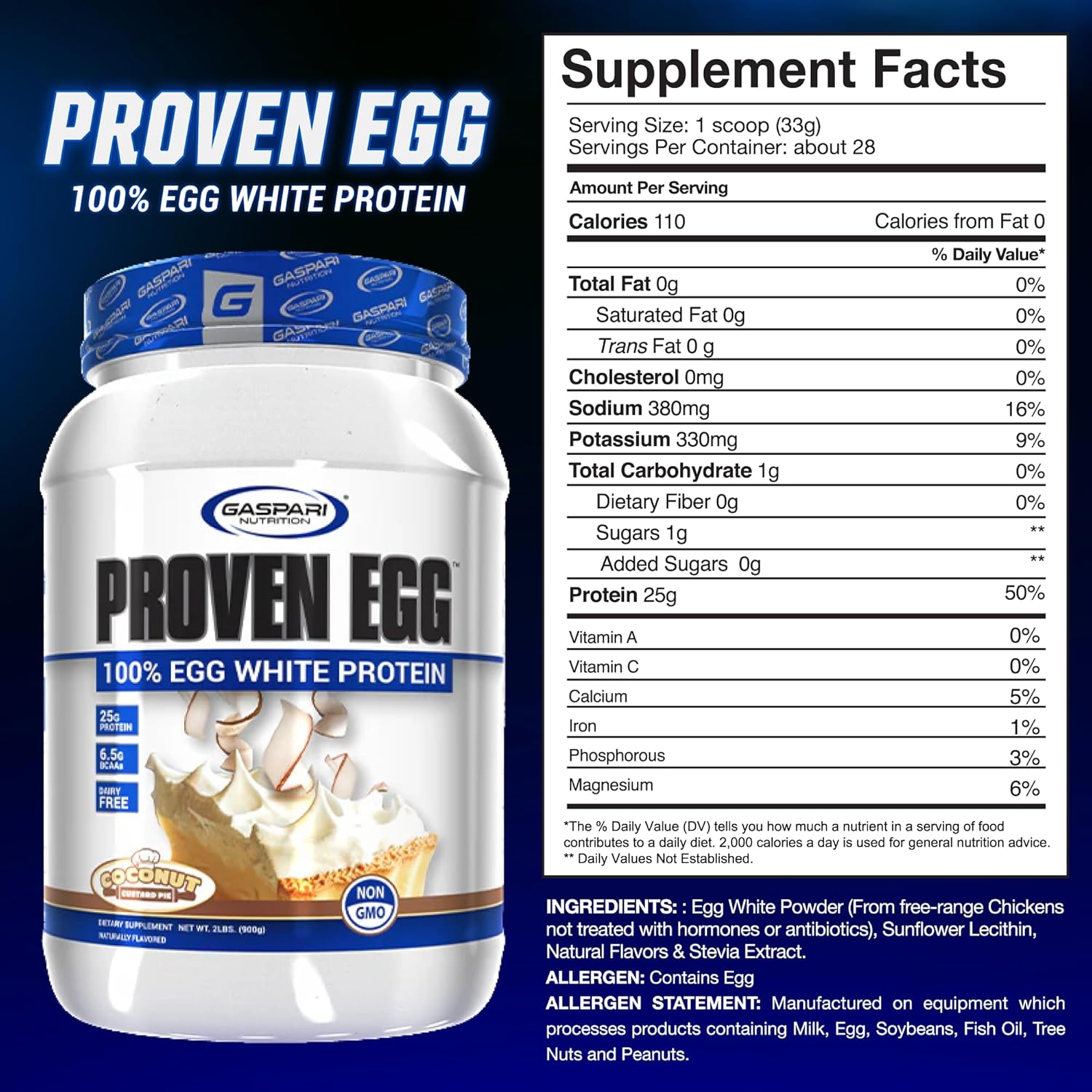 Gaspari Nutrition Proven Egg White Protein Powder, 25g Protein, Keto Friendly, Dairy Free, Lactose Free, Soy Free - Coconut Custard Pie Flavor - 2 lbs