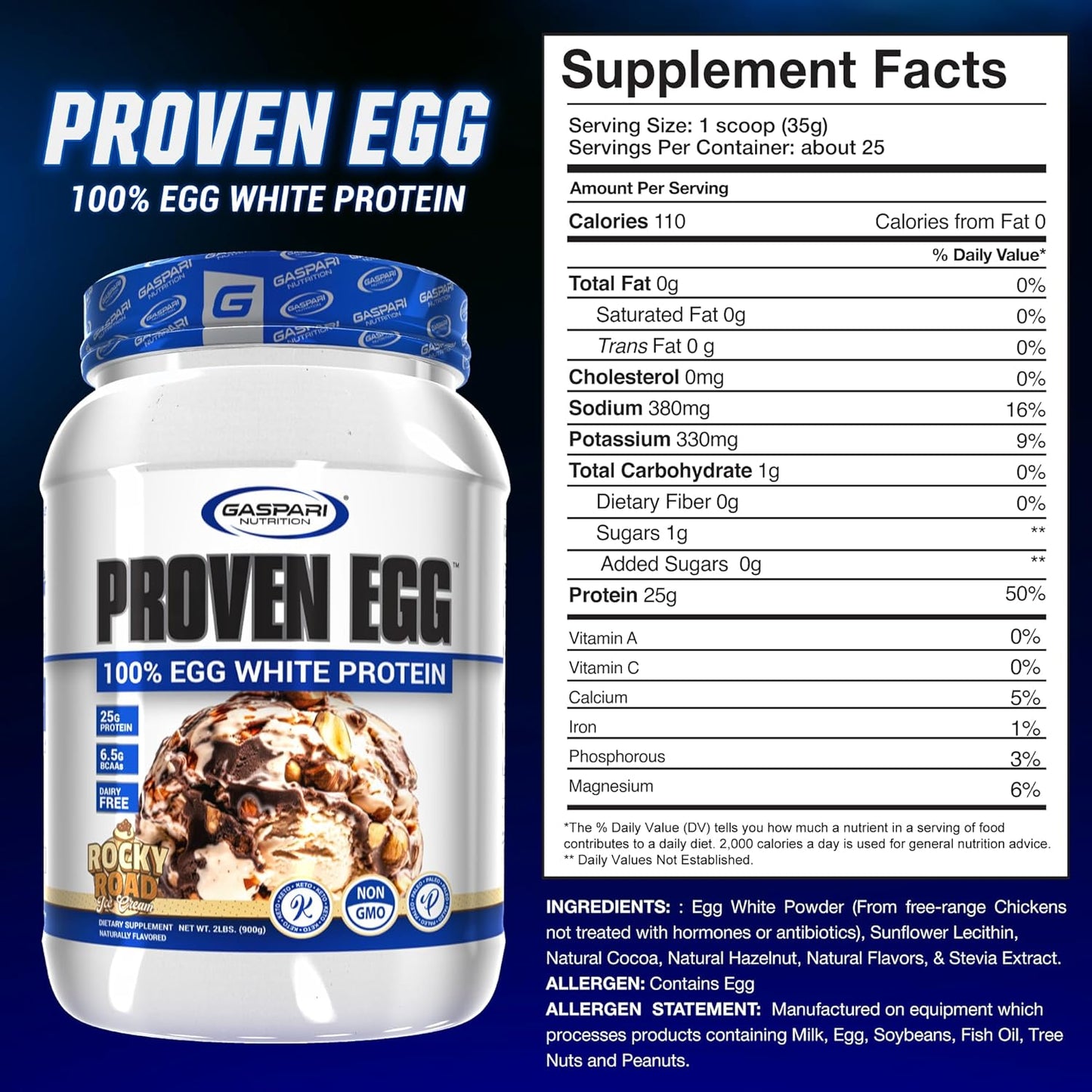 Gaspari Nutrition Proven Egg White Protein Powder - 25g Protein, Keto & Dairy Free - Rocky Road Flavor - 2 lbs