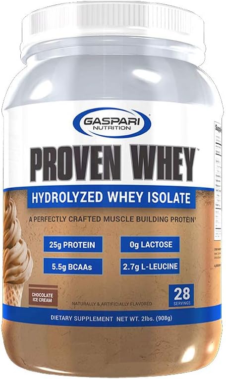 Gaspari Nutrition Proven Whey - Chocolate Ice Cream Flavor, 100% Hydrolyzed Whey Isolate, High Protein, Lactose Free, Low Carb & Sugar - 2lb Pack