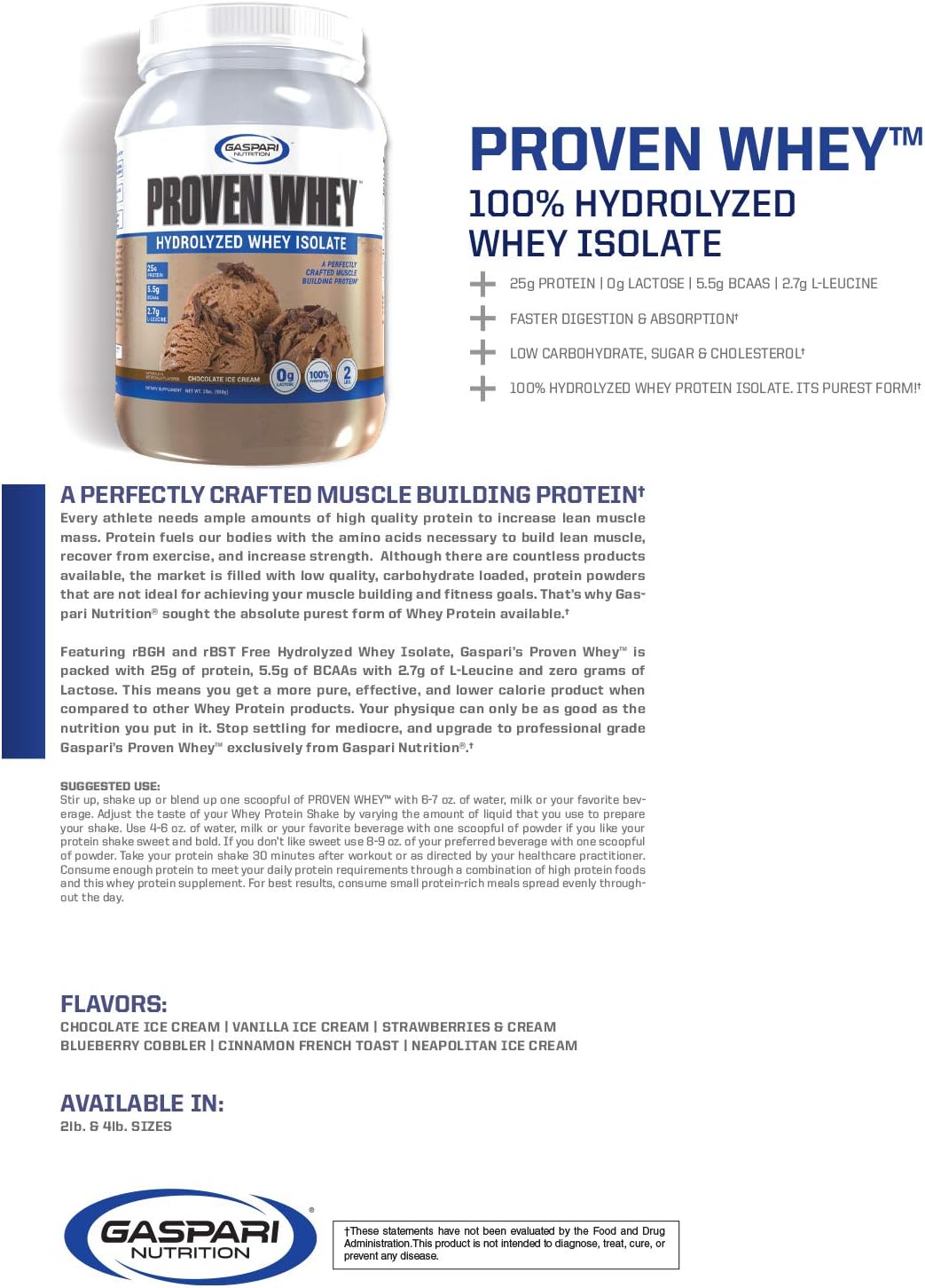 Gaspari Nutrition Proven Whey: 100% Hydrolyzed Whey Isolate, High Protein, Chocolate Ice Cream Flavor, 4lb