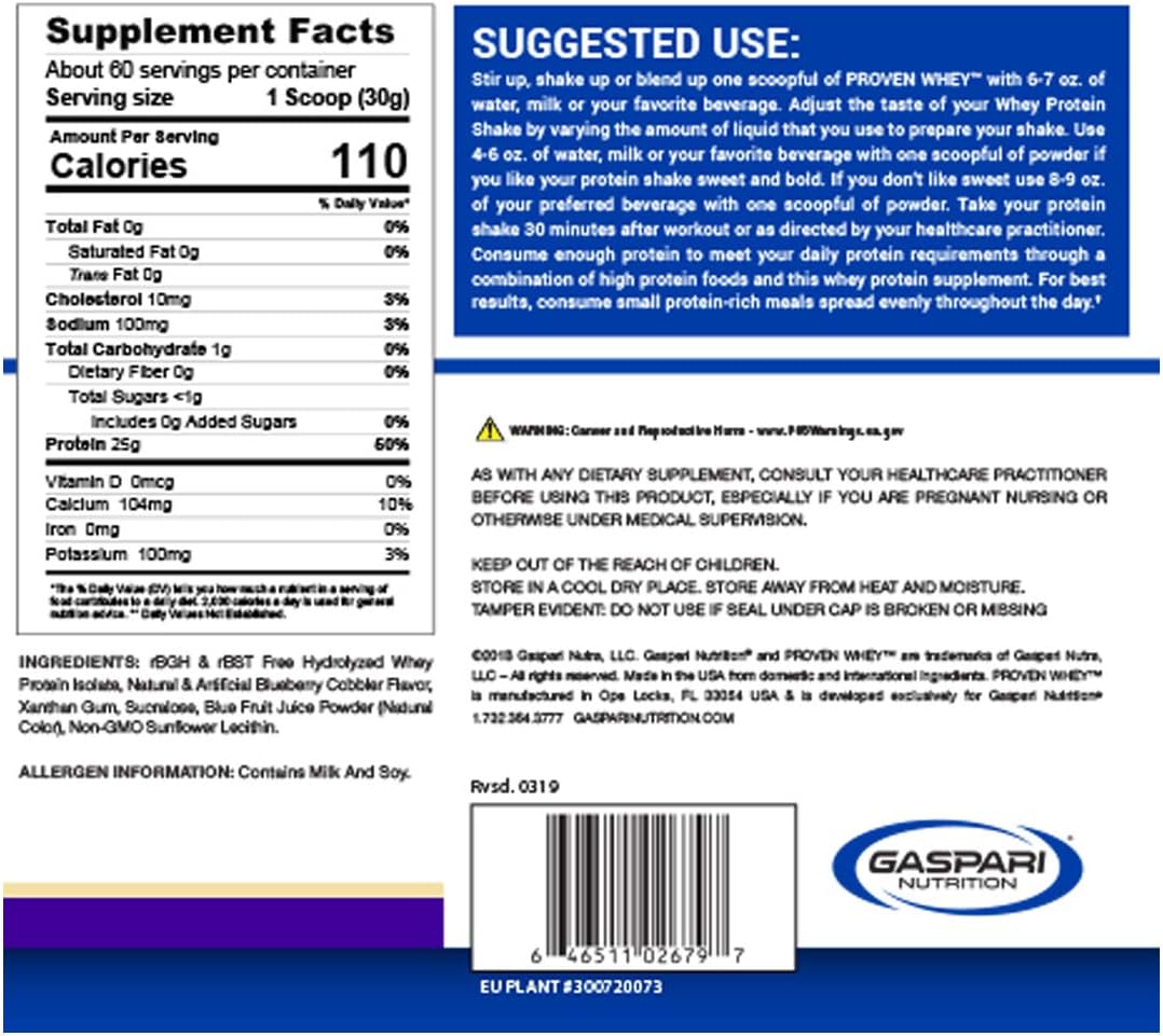 Gaspari Nutrition Proven Whey Blueberry Cobbler 4lb - 100% Hydrolyzed Whey Isolate, High Protein, Lactose Free, Low Carb & Sugar