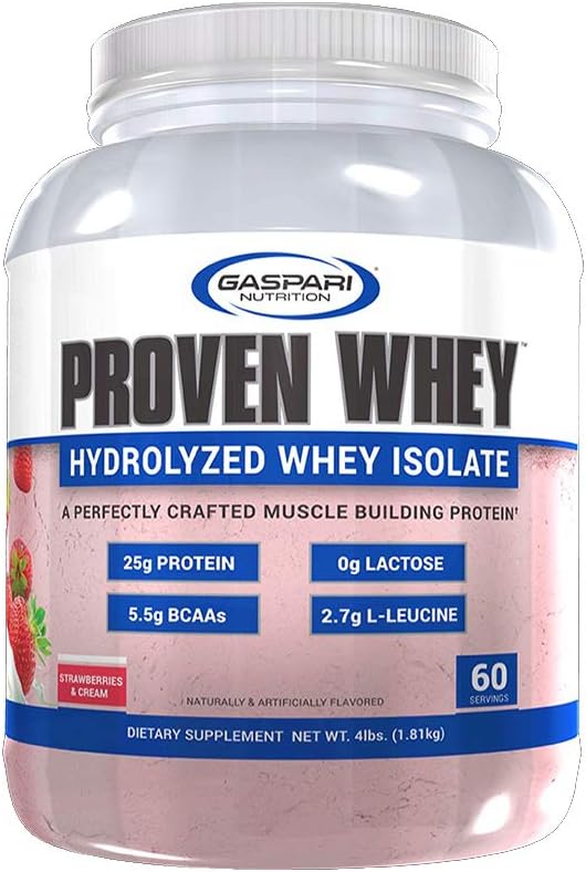 Gaspari Nutrition Proven Whey Isolate Protein Powder - 100% Hydrolyzed, Lactose-Free, Low Carb & Sugar - Strawberries & Cream Flavor - 4lb