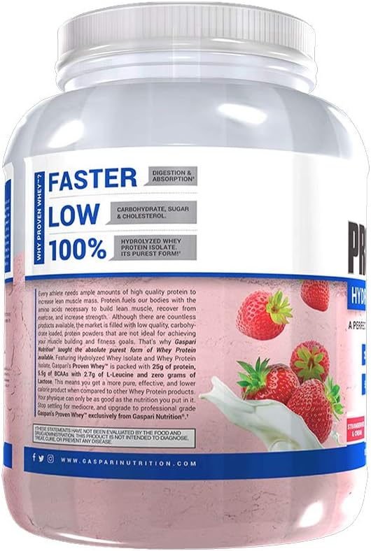 Gaspari Nutrition Proven Whey Isolate Protein Powder - 100% Hydrolyzed, Lactose-Free, Low Carb & Sugar - Strawberries & Cream Flavor - 4lb
