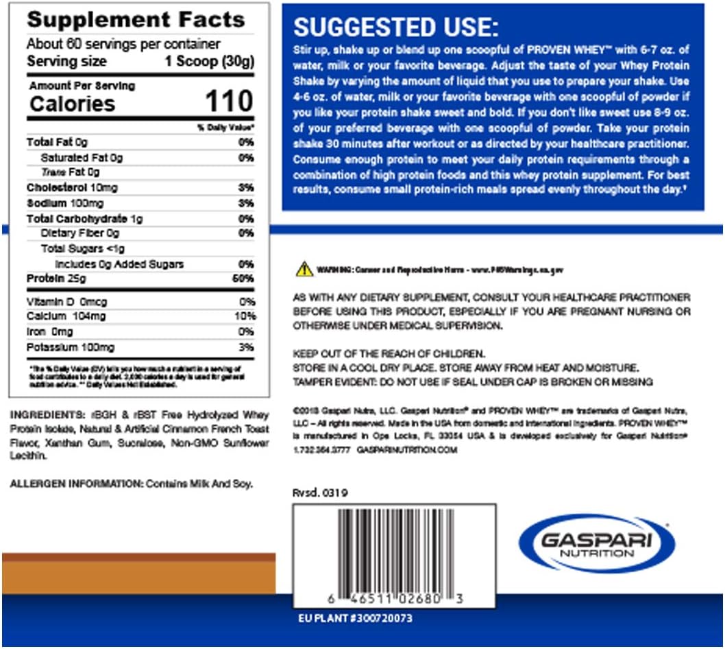 Gaspari Nutrition Proven Whey Isolate Protein Powder - Cinnamon French Toast Flavor, 100% Hydrolyzed, Lactose-Free, Low Carb & Sugar (4 lb)