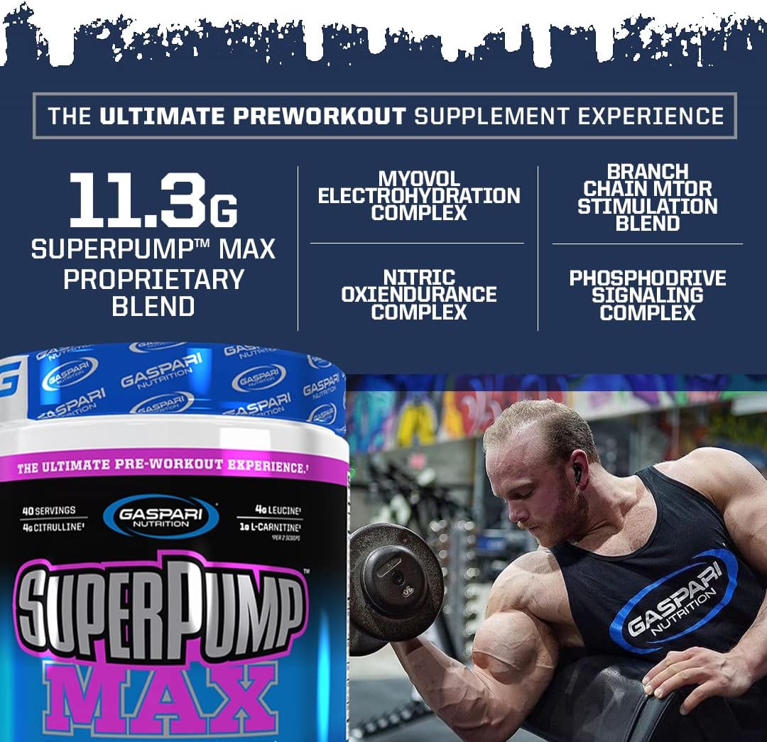 Gaspari Nutrition SuperPump MAX Pre Workout Powder - Blue Raspberry Ice, 40 Servings: Boost Energy, Enhance Muscle Growth, Recovery, & Electrolyte Replenishment