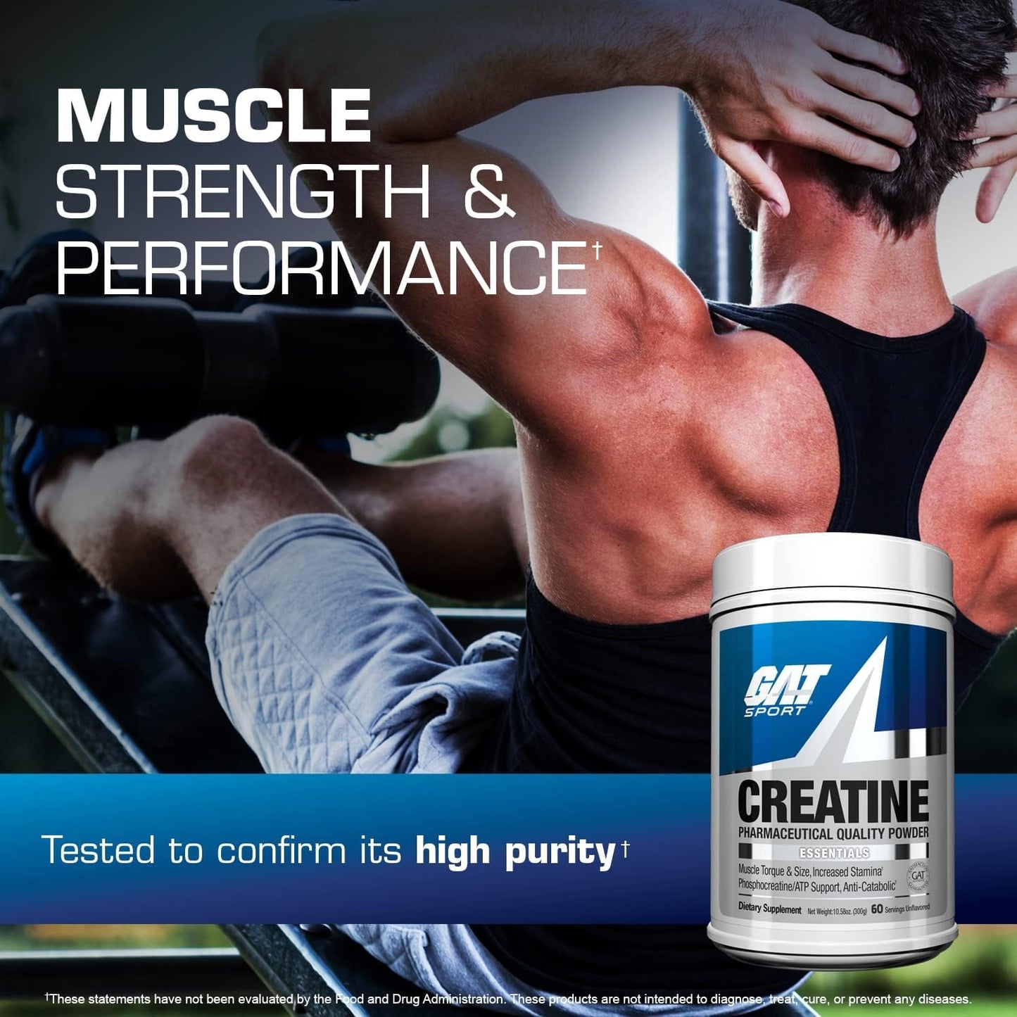 GAT SPORT Creatine Monohydrate Powder for Strength, Brain Health, and Endurance - Unflavored (60 Servings)