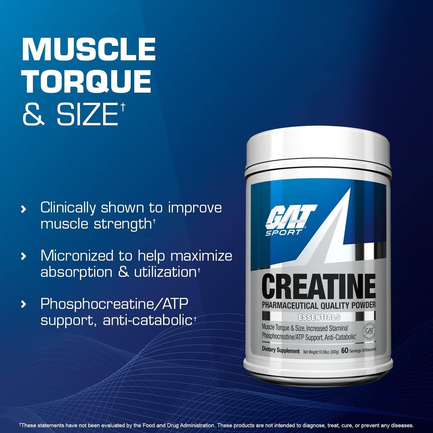 GAT SPORT Creatine Monohydrate Powder for Strength, Brain Health, and Endurance - Unflavored (60 Servings)