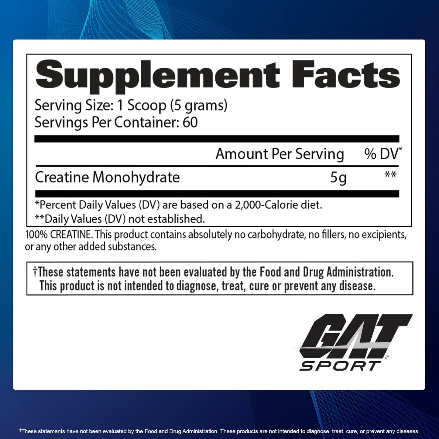 GAT SPORT Creatine Monohydrate Powder for Strength, Brain Health, and Endurance - Unflavored (60 Servings)
