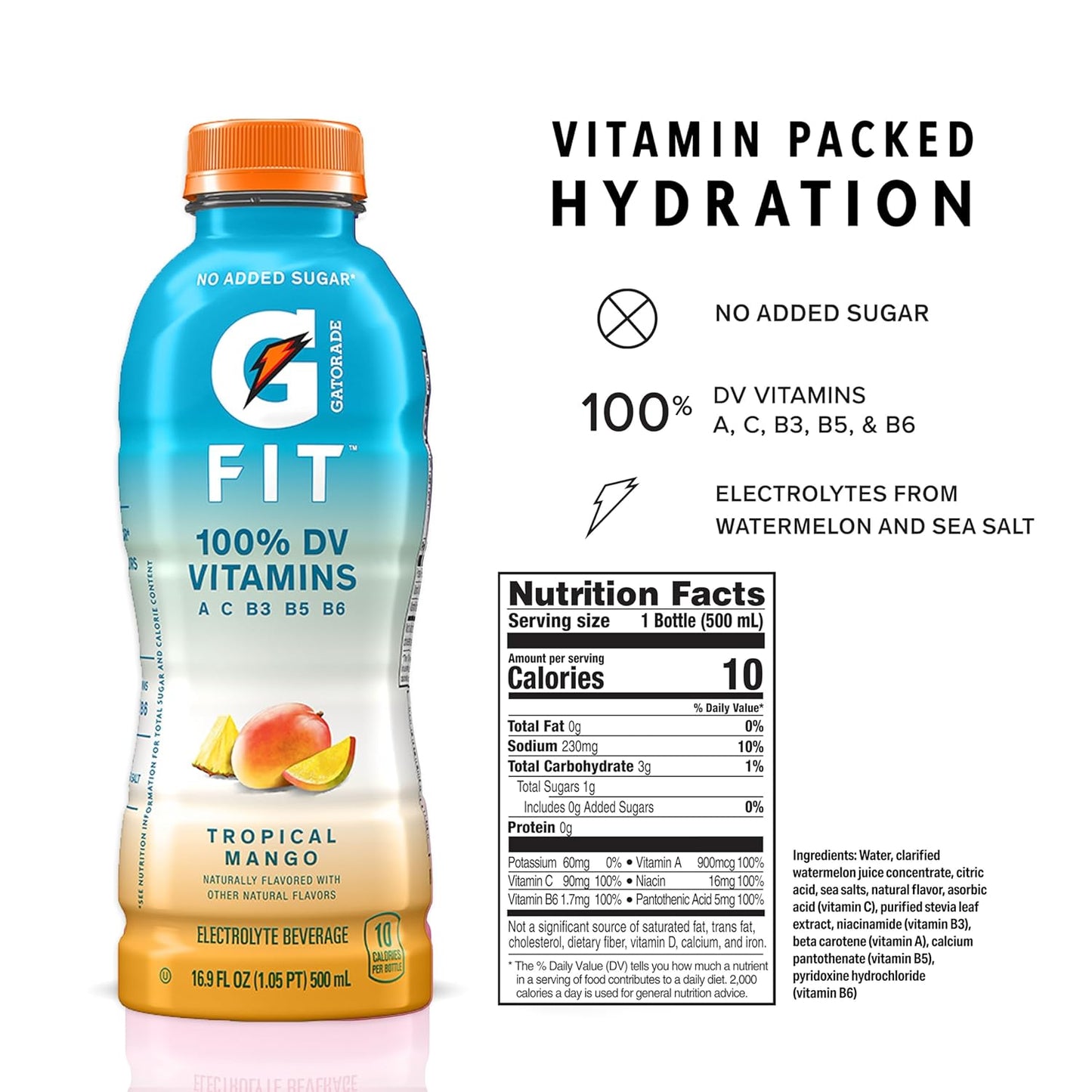 Gatorade Fit Electrolyte Beverage, Tropical Mango Flavor, 16.9 oz Bottles (Pack of 12) - Healthy Real Hydration