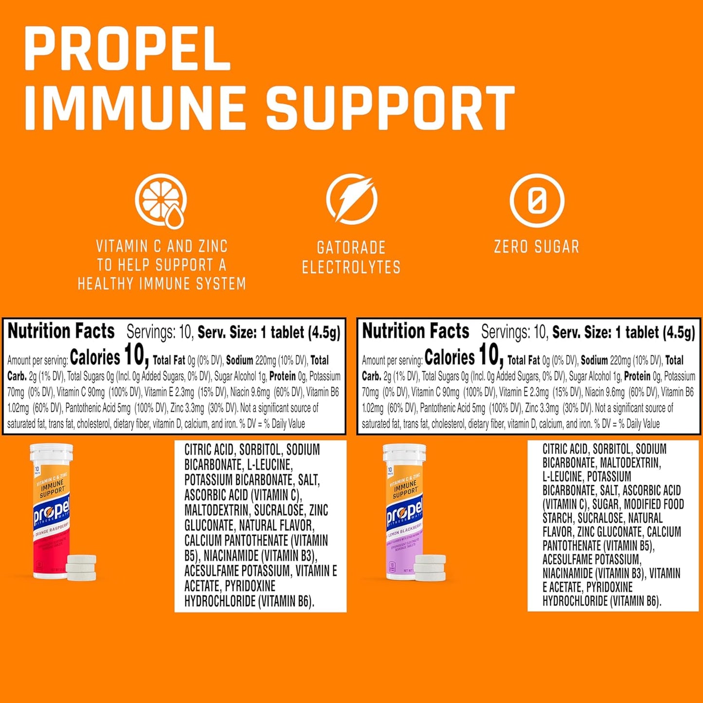 Gatorade Propel Immune Support Tablets Variety Pack - Vitamin C, Zinc, Electrolytes, Zero Sugar - 10 Count x 4 Packs - 16.9 Fl Oz Each