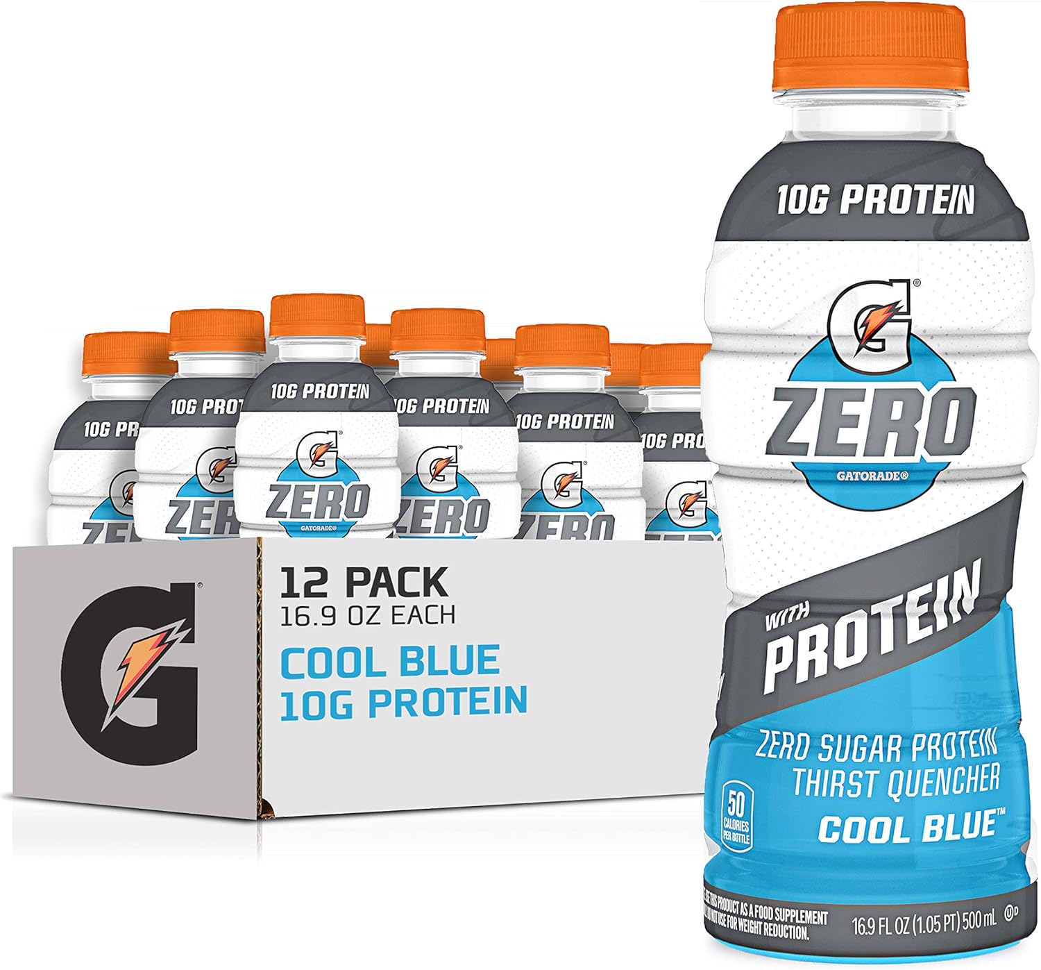 Gatorade Zero Cool Blue Liquid Electrolytes with 10g Whey Protein Isolate, Zero Sugar, Vegetarian, 16.9 Fl Oz Bottle, 12 Pack