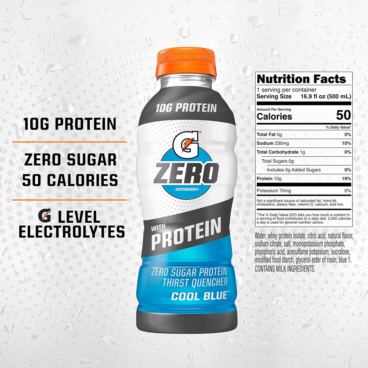 Gatorade Zero Cool Blue Liquid Electrolytes with 10g Whey Protein Isolate, Zero Sugar, Vegetarian, 16.9 Fl Oz Bottle, 12 Pack