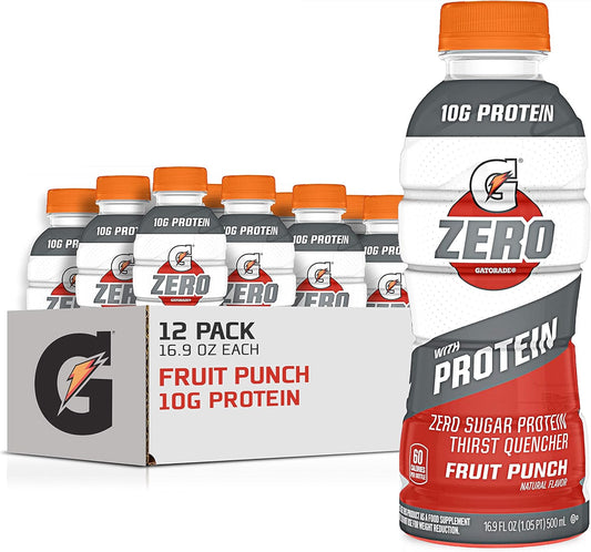 Gatorade Zero Fruit Punch with 10g Whey Protein Isolate, Electrolytes, Zero Sugar - 16.9 Fl Oz, 12 Pack