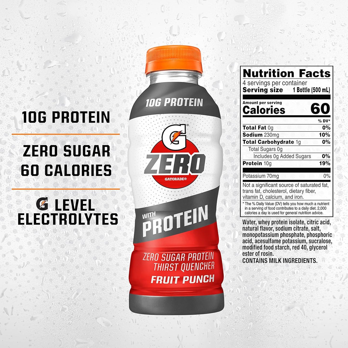 Gatorade Zero Fruit Punch with 10g Whey Protein Isolate, Electrolytes, Zero Sugar - 16.9 Fl Oz, 12 Pack