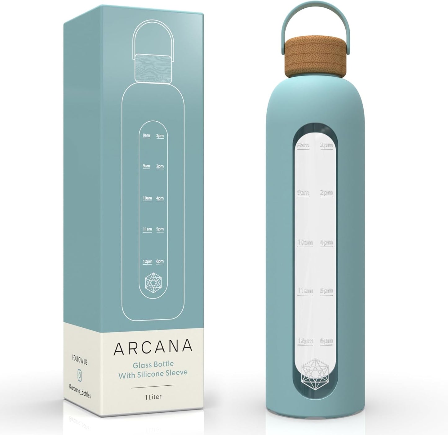 Gelato Blue Glass Water Bottle with Time Marker - 32oz Reusable Borosilicate Bottle for Gym & Travel - Silicone Sleeve - Motivational Gift for Women & Girls