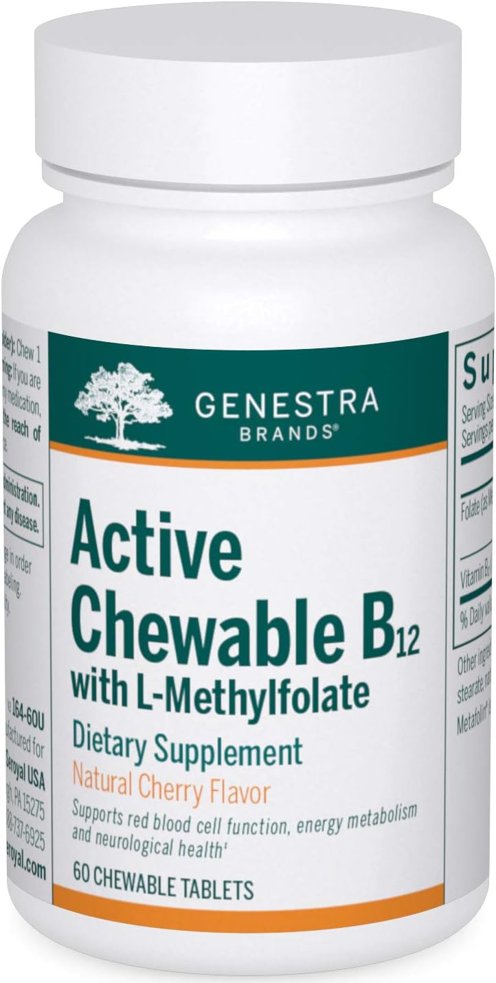 Genestra Brands Active Chewable B12 with L-Methylfolate - Natural Cherry Flavor - 60 Tablets