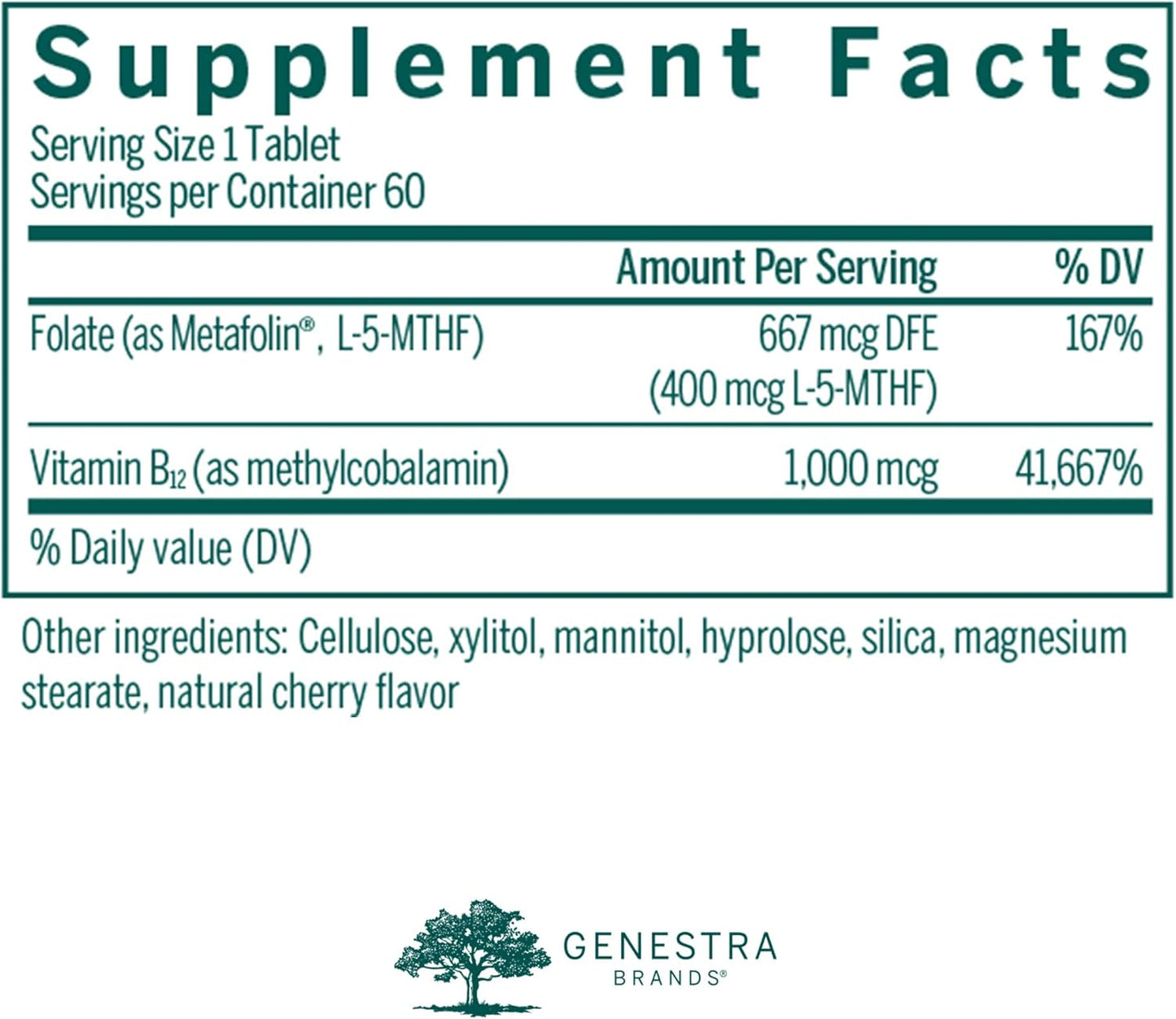 Genestra Brands Active Chewable B12 with L-Methylfolate - Natural Cherry Flavor - 60 Tablets