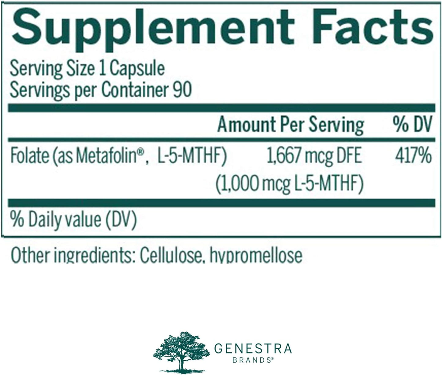 Genestra Brands Active Folate 1000 - High Potency Folate Supplement with Metafolin - 90 Capsules