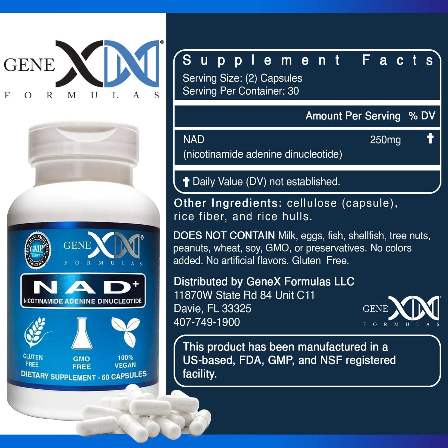 Genex Formulas NAD+ 250mg Capsules - 60 Servings - Authentic Nicotinamide Adenine Dinucleotide Supplement