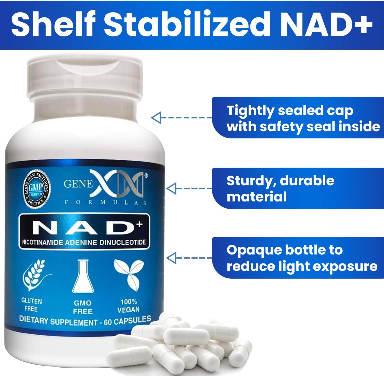 Genex Formulas NAD+ 250mg Capsules - 60 Servings - Authentic Nicotinamide Adenine Dinucleotide Supplement
