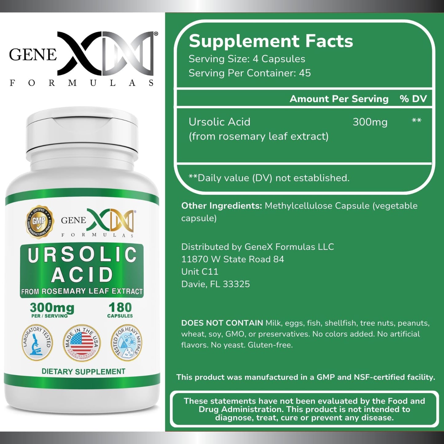 Genex Formulas Ursolic Acid 300mg Capsules - Rosemary Extract Source, Non-GMO, Gluten Free, Vegetarian - 180 Count - BoostGo Australia