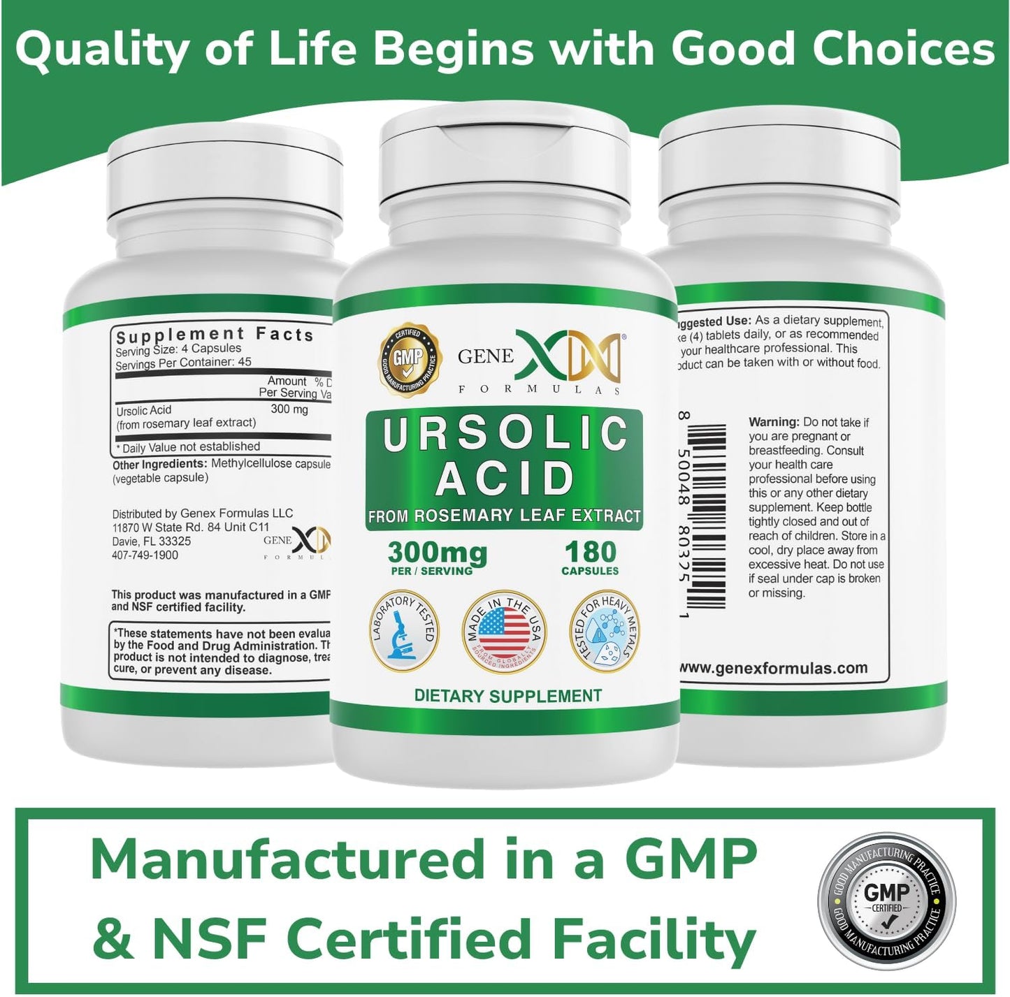 Genex Formulas Ursolic Acid 300mg Capsules - Rosemary Extract Source, Non-GMO, Gluten Free, Vegetarian - 180 Count - BoostGo Australia