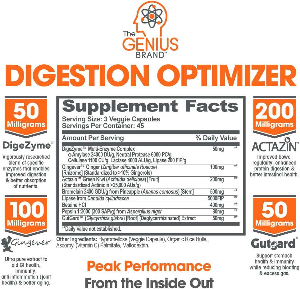 Genius Brand Digestive Enzymes - Natural Relief Formula with Bromelain, Ginger & Prebiotics - 135 Vegetarian Capsules for Digestive Support & Wellness - BoostGo Australia