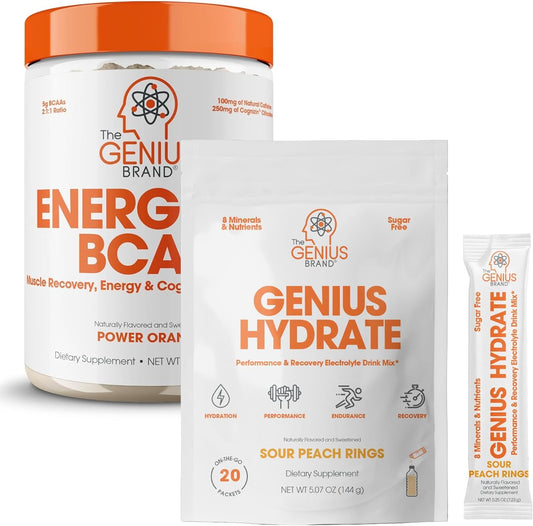 Genius Brand Hydration & Recovery Bundle: Sour Peach Rings & Orange BCAA Energy Powder - Natural Electrolyte Booster & Muscle Recovery Supplement