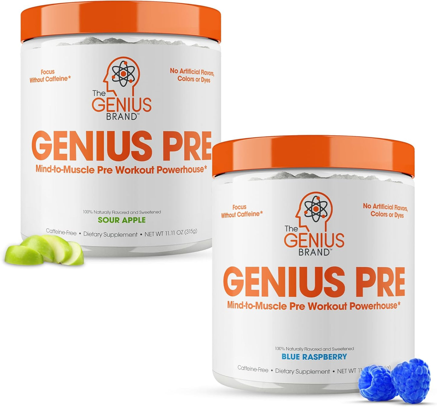Genius Brand Pre-Workout Supplement Bundle - Blue Raspberry & Sour Apple Flavors - Caffeine-Free and Stimulant-Free