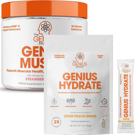 Genius Brand Sour Peach Rings Bundle: Hydrate Stick Pack & Muscle Builder, Natural Electrolyte Booster & Anabolic Activator
