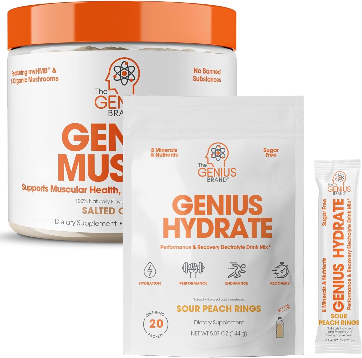 Genius Brand Sour Peach Rings Bundle: Hydrate Stick Pack & Muscle Builder - Natural Electrolyte Booster & Anabolic Activator