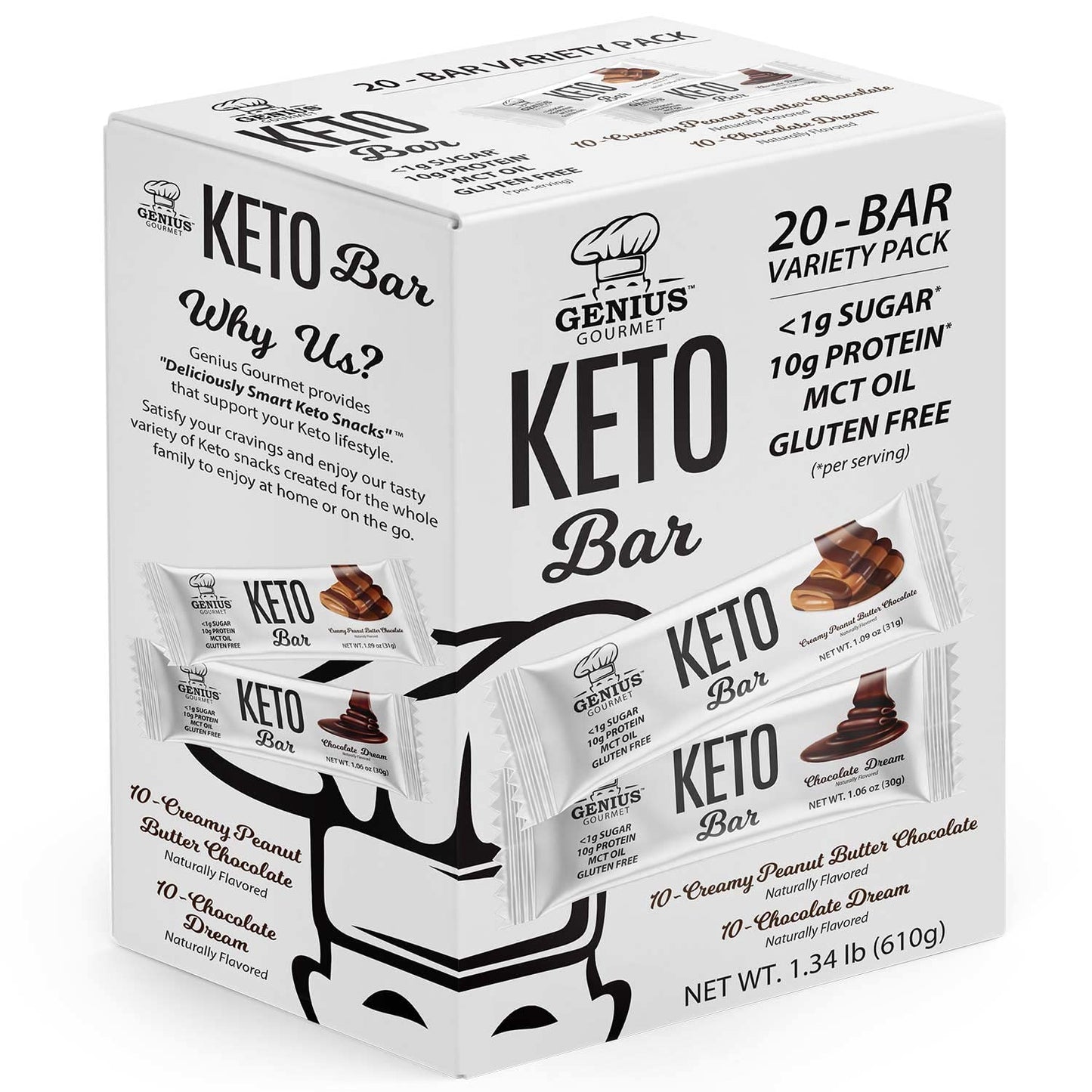 Genius Gourmet Gluten-Free Chocolate Keto Protein Bar Variety Pack - 20 Count, Low Carb, Low Sugar, Premium MCTs