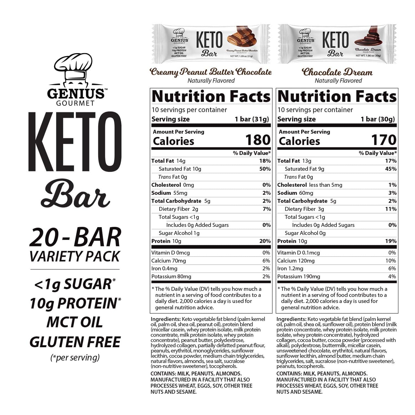 Genius Gourmet Gluten-Free Chocolate Keto Protein Bar Variety Pack - 20 Count, Low Carb, Low Sugar, Premium MCTs