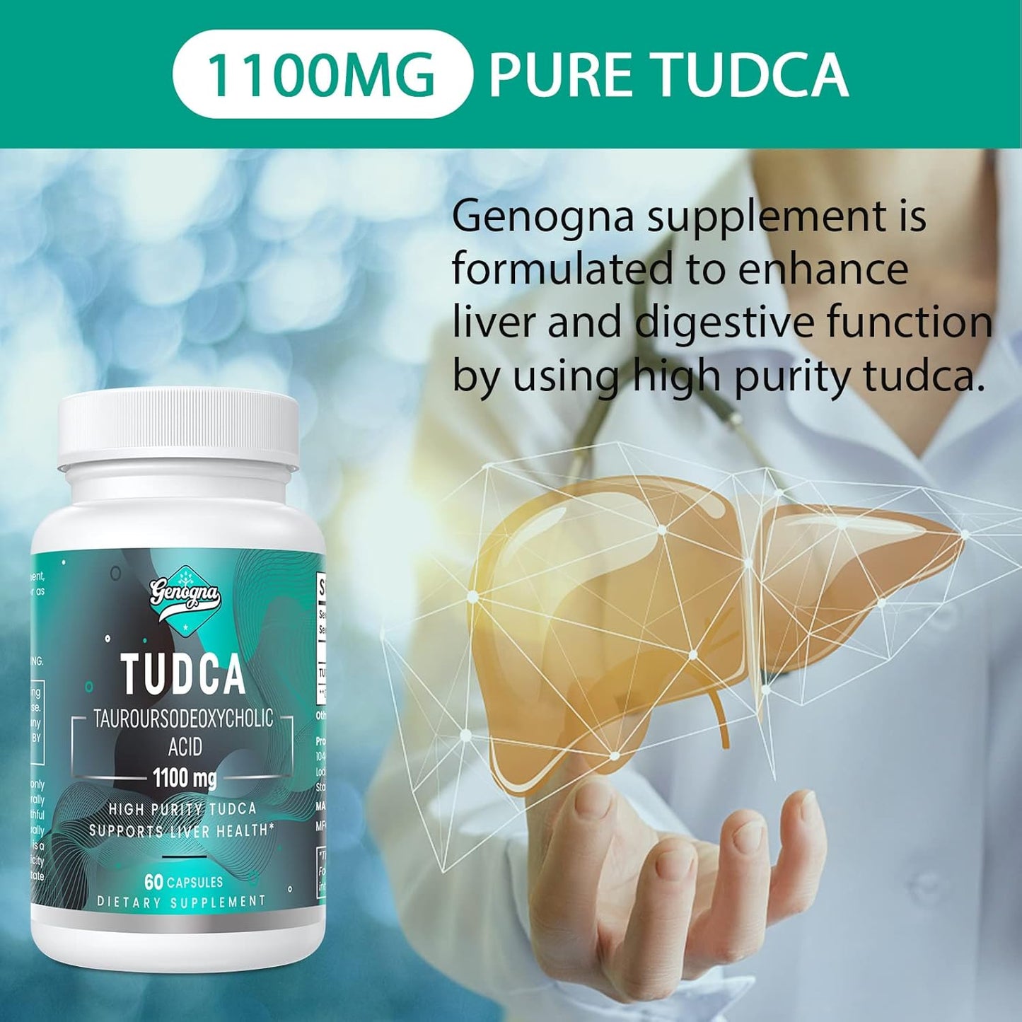 Genogna TUDCA 1100mg Liver Support Supplement - Water-Soluble Bile Salts, Detox Cleanse, Strong Bitter Taste - 600 Vegan Capsules, Non-GMO, Gluten-Free